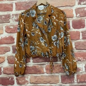 Sadie & Love Wrap Top Women's Mustard Brown Floral Surplice Long Sleeve Shirt